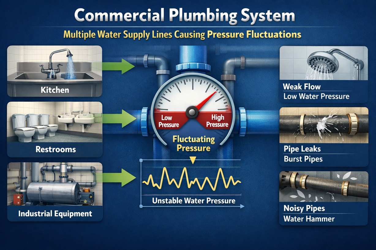 Commercial plumbing system with multiple water supply lines causing pressure fluctuations